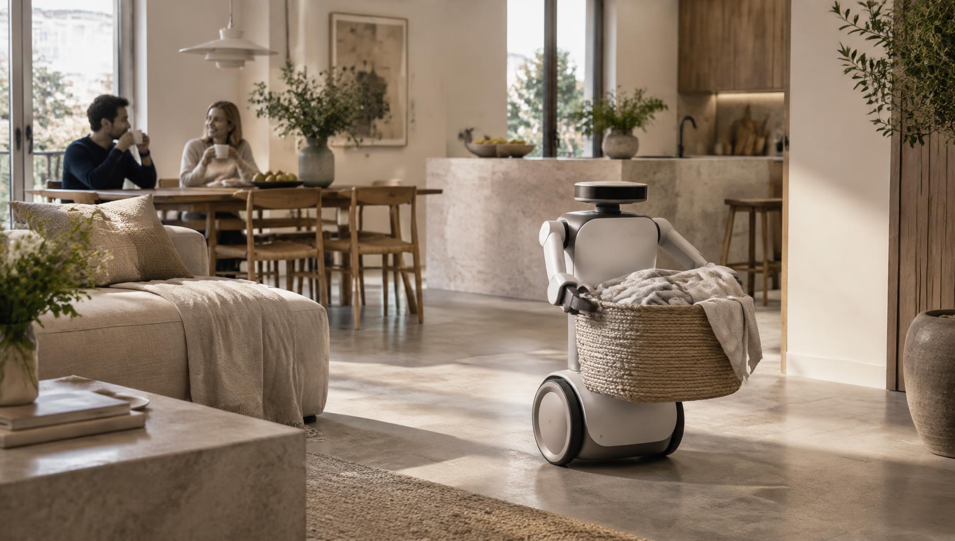 Concept visualization of a household robot carrying laundry in a European living room